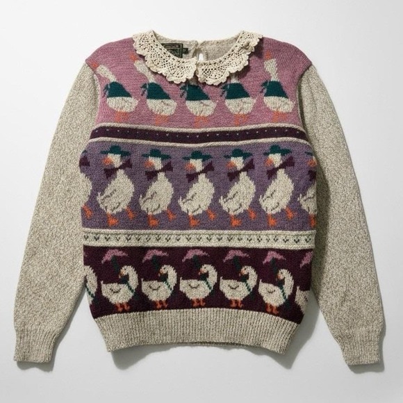 Eddie Bauer Sweaters - Rare VTG Eddie Bauer Wool Duck Sweater Lace Collar‎ Cottagecore Coquette New S